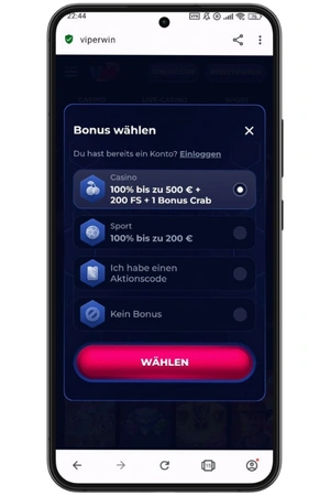 Bonusauswahl bei der Registrierung auf der Viperwin-Website