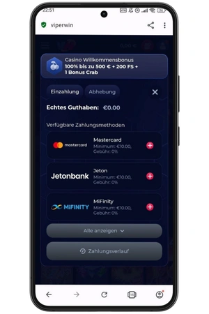 Einzahlung auf der Viperwin-Website