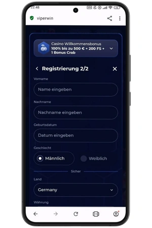 Kontoerstellung auf der Viperwin-Website