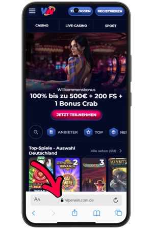 ViperWin Casino Website im Browser öffnen